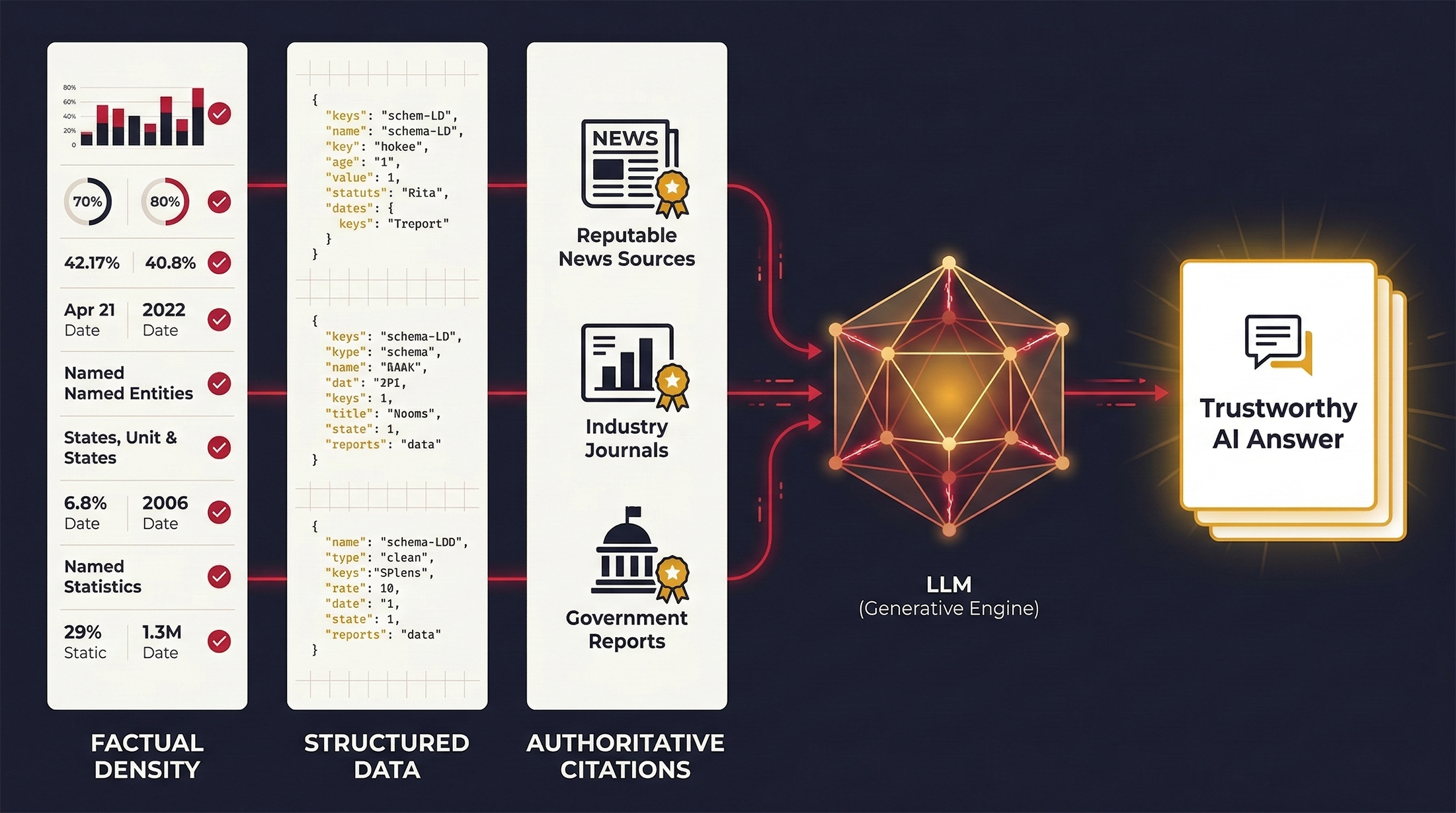 Generative search optimization diagram: LLM factual density, structured data, and authoritative citations