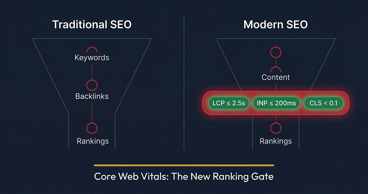 Technical SEO and Core Web Vitals as Google ranking factors — LCP, CLS, and INP explained